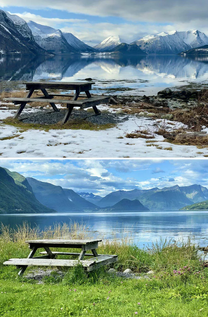 Perspectives dconcertantes photos de comparaison captivantes pour changer votre regard - #19 Un banc, deux saisons. Février contre août 2023 à Åndalsnes, Norvège.