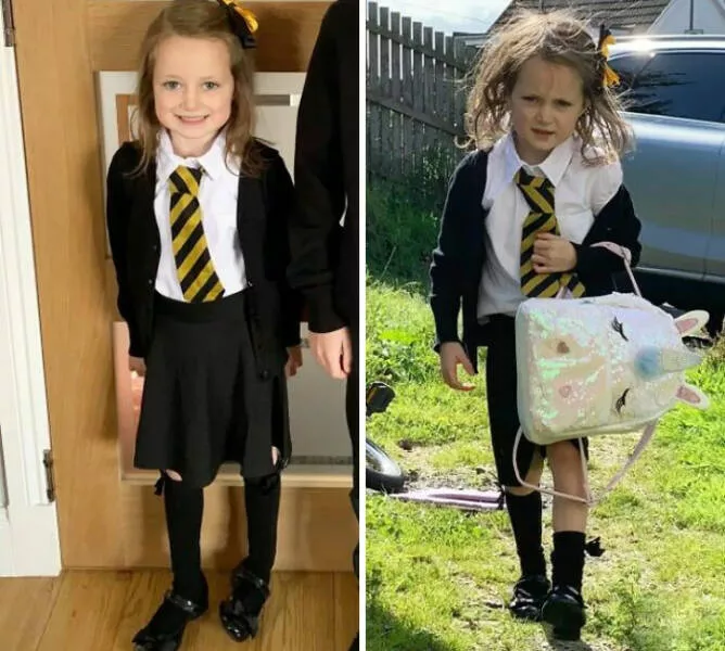 Mind bending perspectives compelling comparison photos to challenge your views - #3 The Toll of the First Day Back at School on This Little Girl