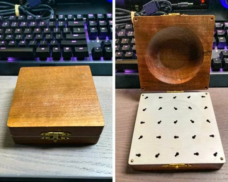 Revealing mysteries unveiling the secrets of enigmatic objects - #9 Wooden box found at a thrift store. The area behind each keyhole is drilled out, but they don't connect behind the metal plate.