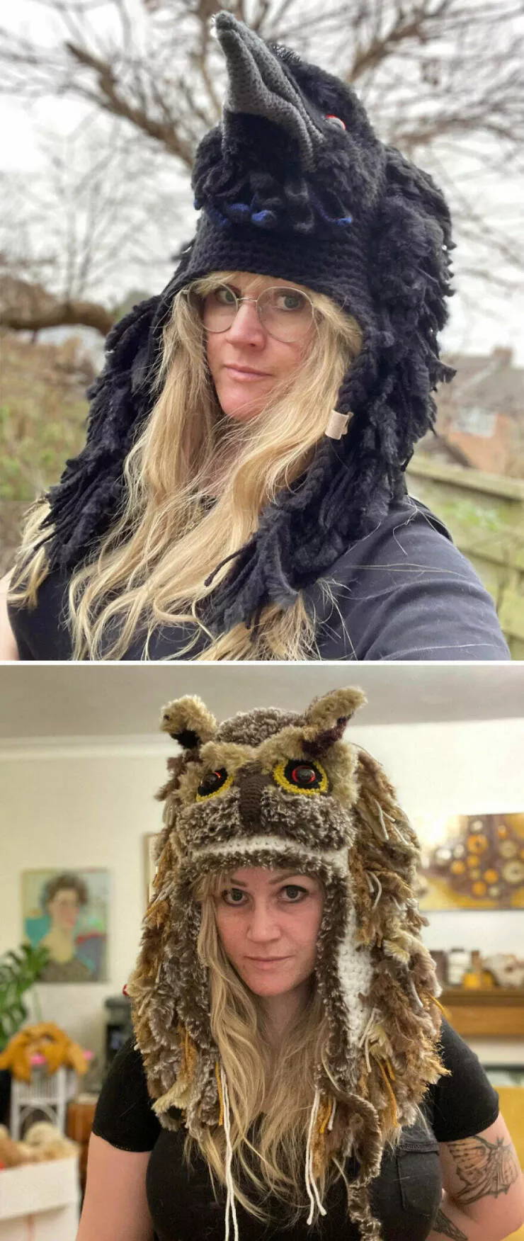 Crafty creations unveiling diy delights that steal the spotlight - #14 Ive Been Crocheting Bird Hats. Heres The First 2. A Raven And An Owl. Im Really Tempted To Try A Cockatoo.