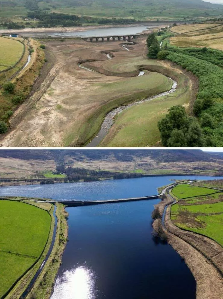 Transformations visuelles captivantes avant aprs en images - #10 Un réservoir à Glossop, en Angleterre, en 2022 (pendant une sécheresse) et le même réservoir en 2023 après de fortes pluies :