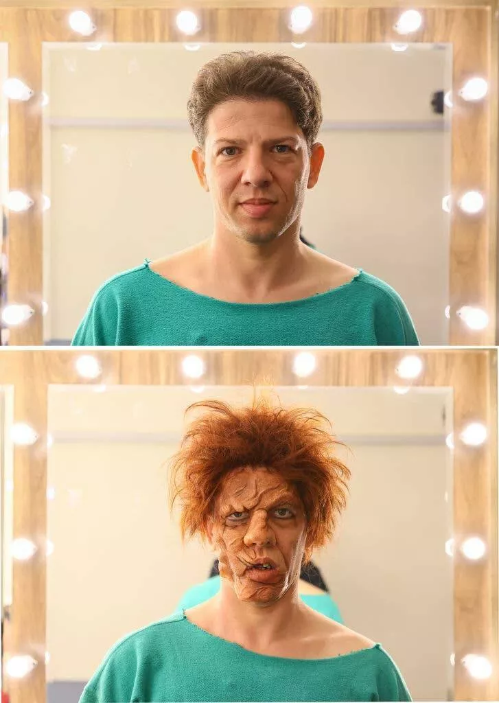 Transformations visuelles captivantes avant aprs en images - #19 Un acteur en Turquie avant et après s'être maquillé pour une représentation de la pièce de Victor Hugo, Le Bossu de Notre-Dame :