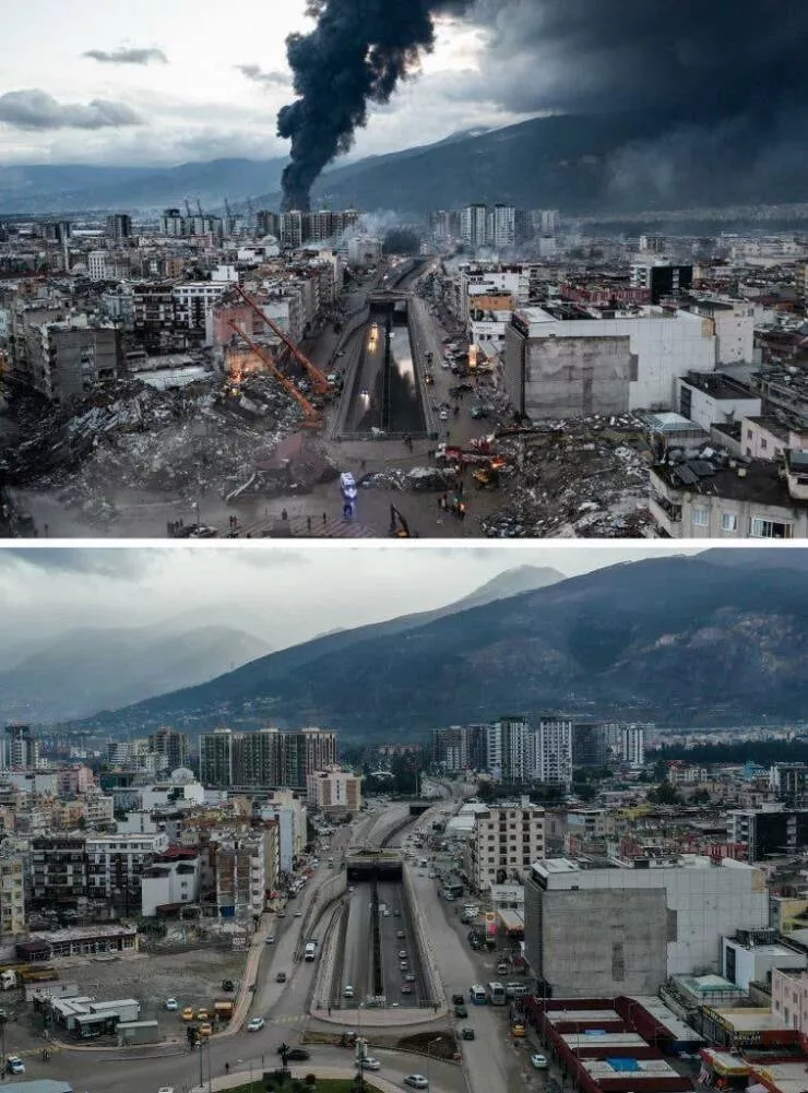 Transformations visuelles captivantes avant aprs en images - #20 Et Iskenderun, en Turquie, le 5 février 2023 après un séisme de magnitude 7,8 et un an plus tard :