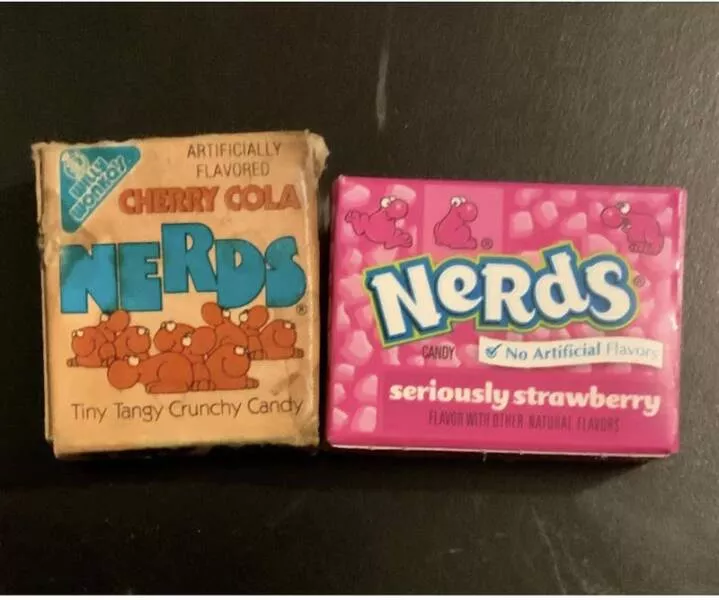 Visual metamorphosis engaging before and after snapshots that mesmerize - #4 A box of Nerds candy from 1984 (found beneath someone's floorboard) alongside a box from recent years: