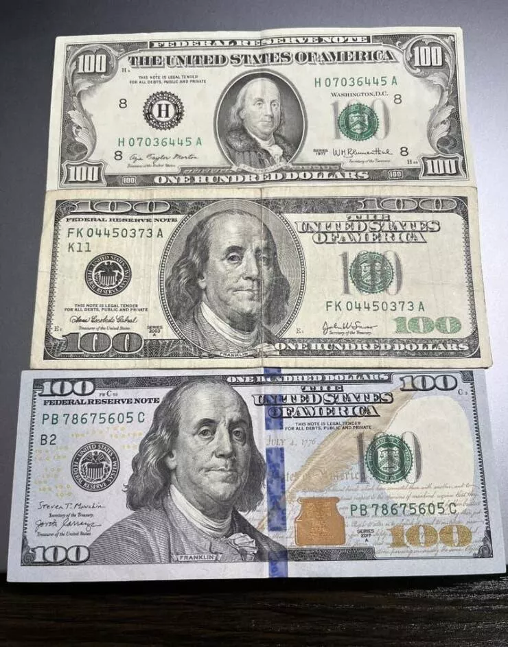 Visual metamorphosis engaging before and after snapshots that mesmerize - #6 One hundred dollar bills from 1977, 2003, and 2017: