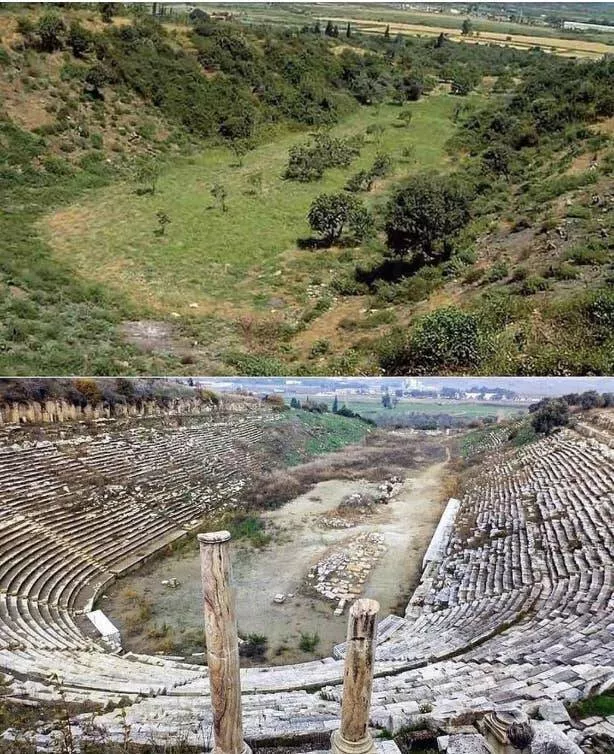 Transformations visuelles captivantes avant aprs en images - #7 Un stade de la Grèce antique avant et après son excavation par des archéologues :