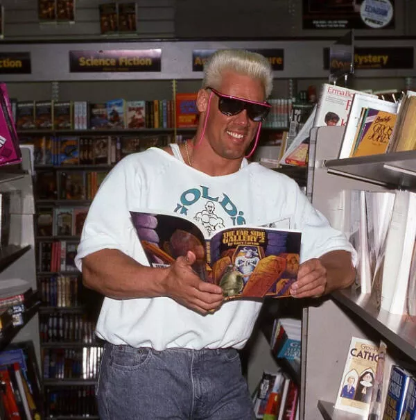 Nostalgic charm exploring the allure of vintage vibes - #1 Sting, the wrestler, engrossed in a Far Side book during the 1980s
